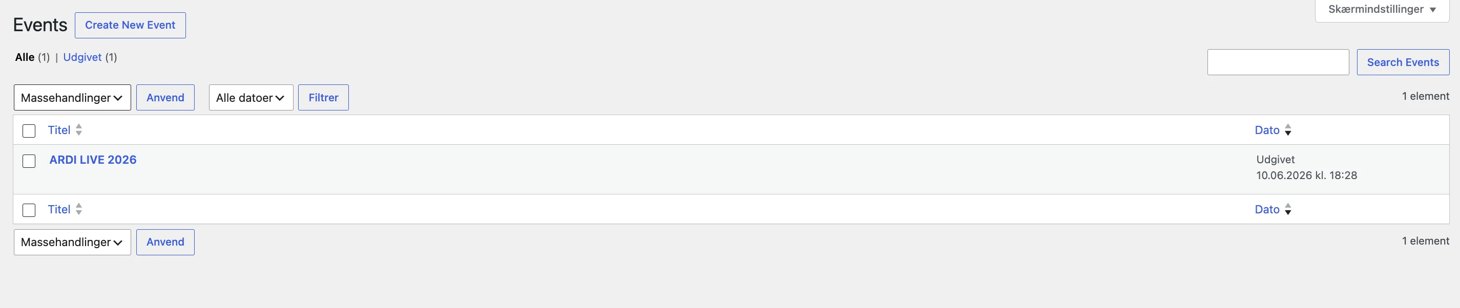 All events list in WordPress admin Event Calendar plugin