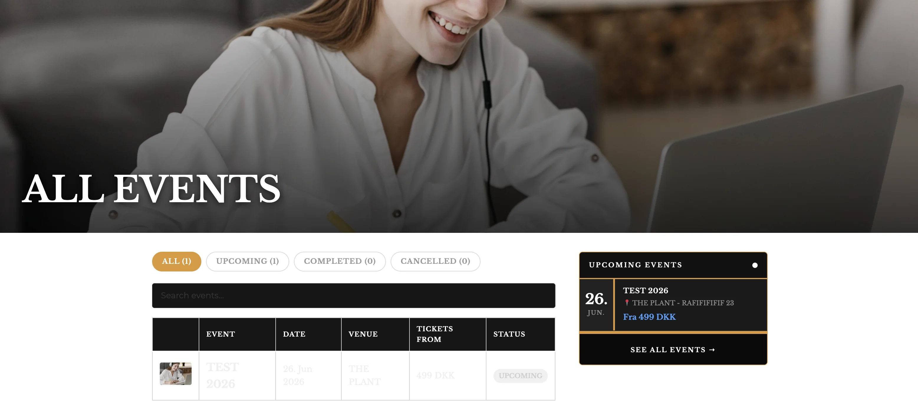 WordPress Event Calendar plugin frontend showing all upcoming events