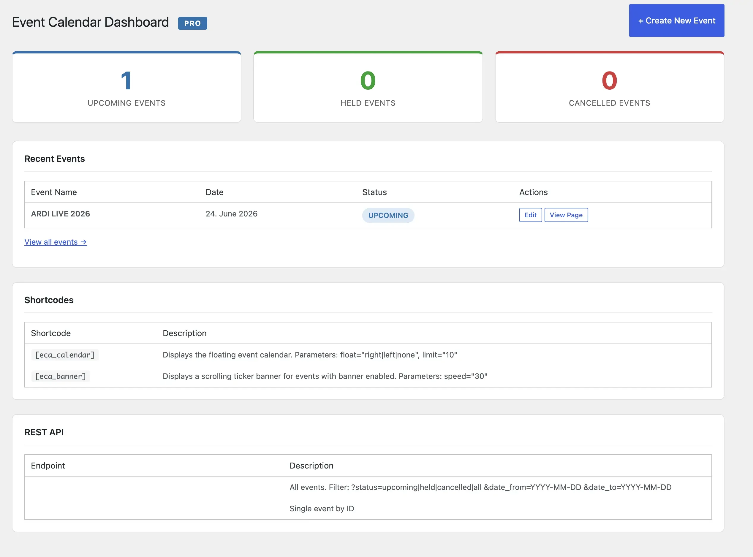 WordPress Event Calendar plugin by Ardilogi dashboard view